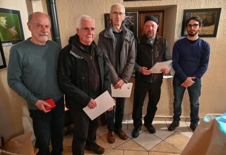 Natečaj Bogumil Brinšek: Danilo Lesjak, Simon Kovačič, Stojan Gorup, Stojan Spetič in podeljevalec, podpredsednik FKS  Anže Štajnrajh